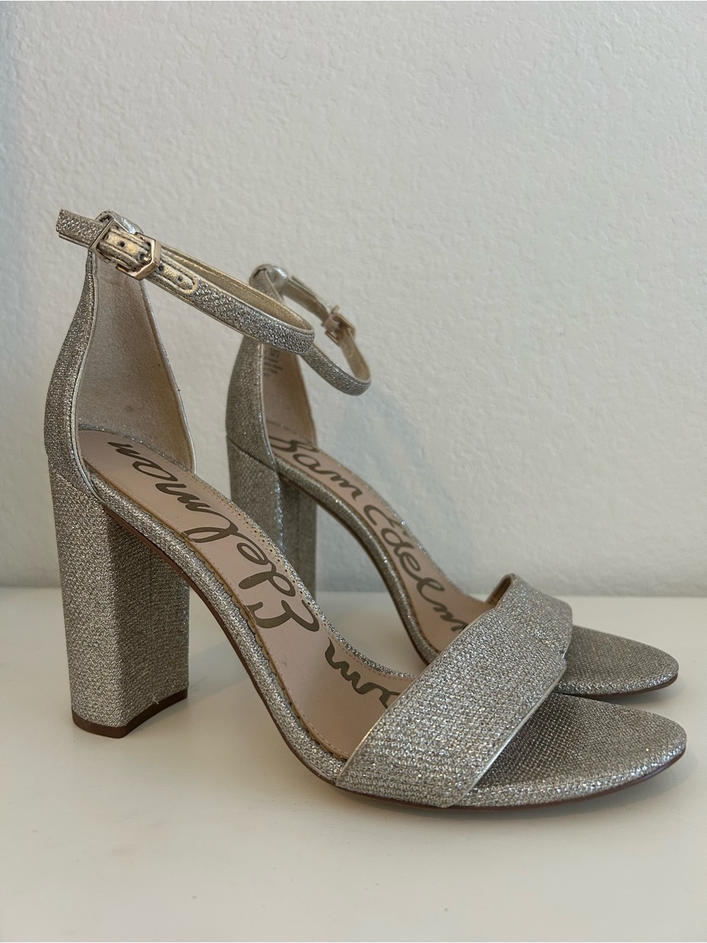 Sam Edelman Yaro Silver Glitter Block Heel Sandals Ankle Strap Wedding Size 9.5